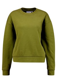 Sweat-shirt vert olive en tissu doux, avec un col rond, des manches longues, et une coupe décontractée, muni de poignets et d'un ourlet côtelés.