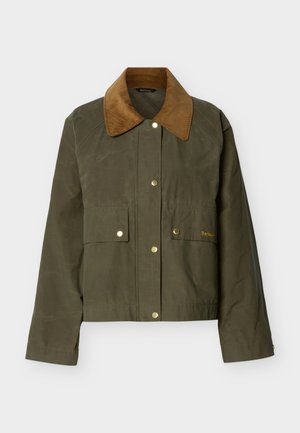 Olive green jacket with tan corduroy collar, front snap buttons, and two flap pockets, one embroidered with brand name "Barbour."
