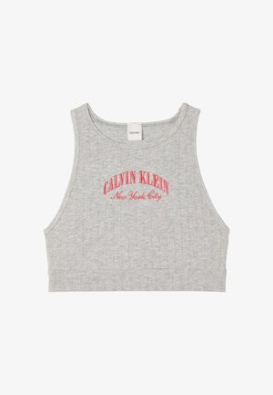 Grijze geribbelde cropped tanktop met rode "Calvin Klein New York City" tekst geborduurd op de voorkant.