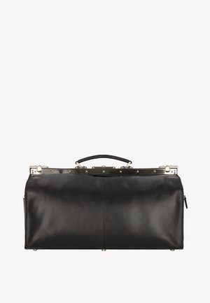 Schwarze Leder-Arztontasche mit silbernem Metallrahmen und Tragegriff, auf weißem Hintergrund zentriert.
