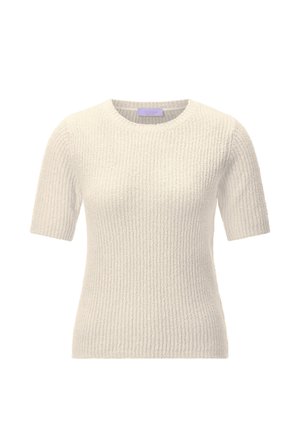 Pull en maille à manches courtes de couleur crème avec un col rond et un motif côtelé texturé.