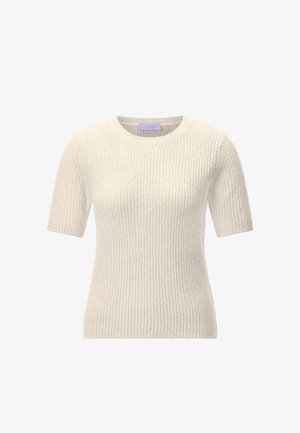 Rövid ujjú, krémszínű kötött pulóver kerek nyakkivágással és texturált bordázott mintával.