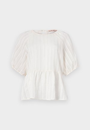 White blouse featuring vertical stripes, short puff sleeves, a round neckline, and a gathered peplum hem. Made of lightweight, textured fabric.