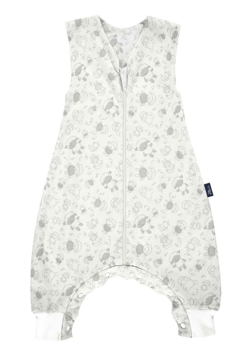 Hellgrauer Schlafsack mit Reißverschluss, der ein Muster aus Schafen und Locken zeigt. Hergestellt aus weichem Stoff, mit gerippten Bündchen an den Knöcheln.