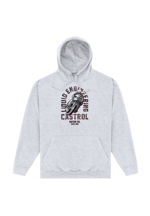 Grå hoodie med frontkangaroo-lomme, snøre i hætten og grafisk print med motivet "LIQUID ENGINEERING CASTROL MOTOR OIL".