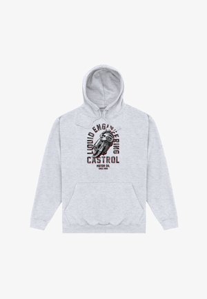 Szary hoodie z kieszenią kangurzą z przodu, kapturem ze sznurkiem i graficznym nadrukiem z motywem "LIQUID ENGINEERING CASTROL MOTOR OIL".