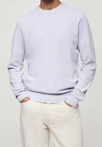 Pull tricoté lavande clair à col rond avec un motif texturé, poignets et ourlet côtelés, associé à un pantalon beige.