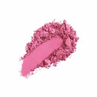 Pó de blush rosa brillante, con una textura suave y fragmentos dispersos, compuesto por partículas mate finamente molidas.
