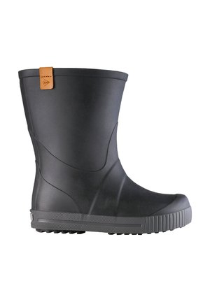 Black mid-calf rubber rain boot with textured sole and small brown leather pull tab on the upper edge.