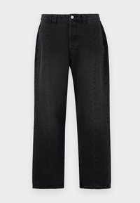 Black denim jeans with a straight-leg design. Features a button closure, belt loops, and two side pockets. Smooth texture, no visible patterns.