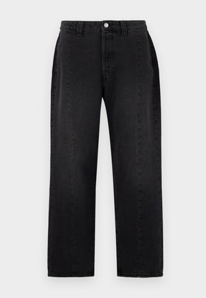 Black denim jeans with a straight-leg design. Features a button closure, belt loops, and two side pockets. Smooth texture, no visible patterns.