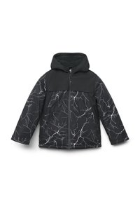 Giacca imbottita nera con motivo a fulmine bianco, con sezione superiore nera uniforme e cappuccio. Chiusura con cerniera e due tasche laterali.