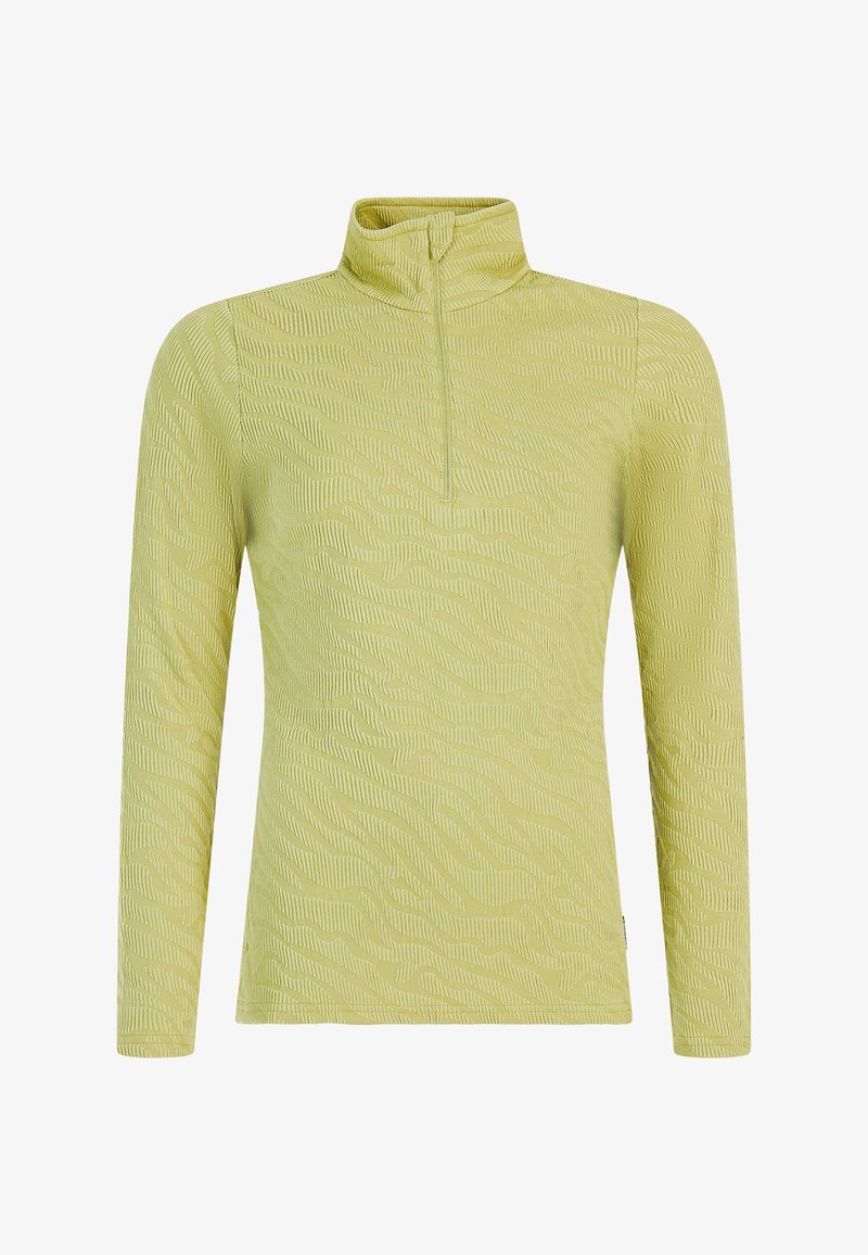 Hellgrünes Langarmshirt mit einem hohen Kragen, das ein strukturiertes Muster aus wellenförmigen Linien und einen Viertel-Reißverschluss aufweist. Weicher Stoff.