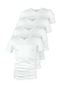 Four white cotton v-neck t-shirts stacked, featuring short sleeves, soft texture, and a classic fit. No patterns or accents present.