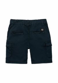 Pantaloni cargo della marina realizzati in cotone, con vita elastica e molteplici tasche, caratterizzati da una texture liscia e senza motivi visibili.