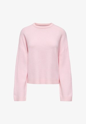 Pull court rose en tissu doux. Présente un col rond, des épaules tombantes et des manches longues avec des poignets côtelés. Texture lisse.