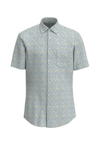 Camicia a maniche corte con bottone di colore azzurro chiaro, con motivo floreale caratterizzato da accenti gialli e blu, realizzata in morbido cotone. Tasche sul petto.