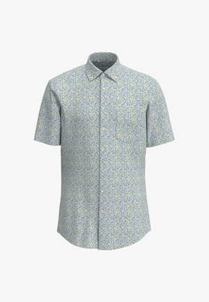 Korte mouwen overhemd met knopen in lichtblauw met een bloemenpatroon met gele en blauwe accenten, gemaakt van zacht katoen. Zak op de borst.