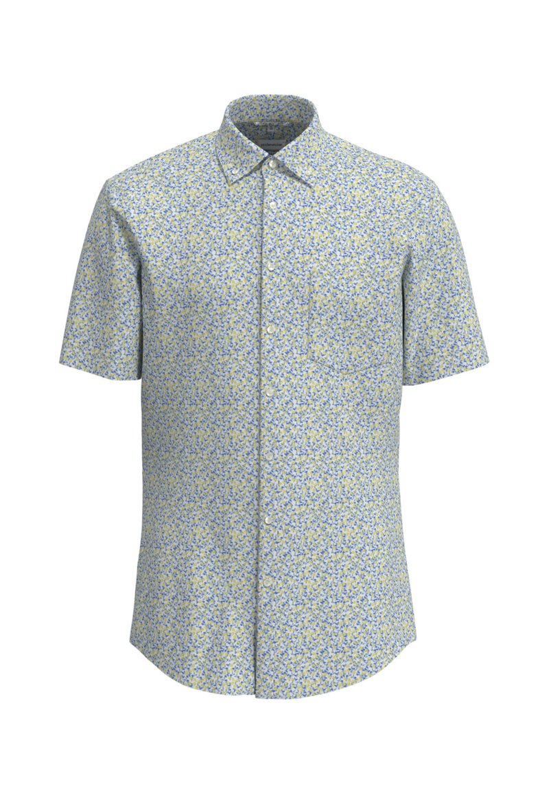 Camicia a maniche corte con bottone di colore azzurro chiaro, con motivo floreale caratterizzato da accenti gialli e blu, realizzata in morbido cotone. Tasche sul petto.