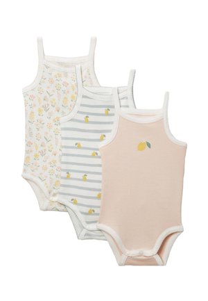 Trois bodys sans manches pour bébé dans des couleurs douces : un avec un imprimé floral jaune, un gris rayé avec des citrons, un uni pêche avec un motif citron.