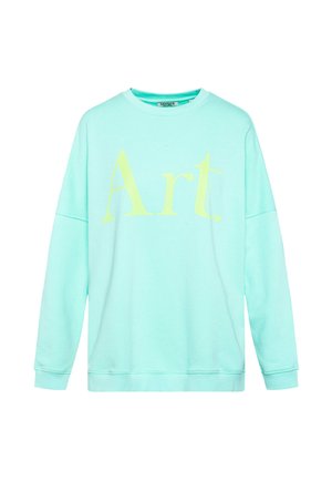 Light turquoise long-sleeve sweatshirt with yellow text "Art." on the front, featuring a round neckline and ribbed cuffs and hem.