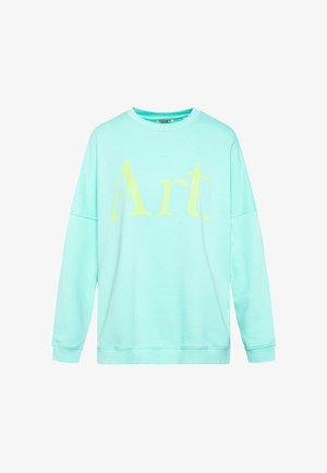 Light turquoise long-sleeve sweatshirt with yellow text "Art." on the front, featuring a round neckline and ribbed cuffs and hem.