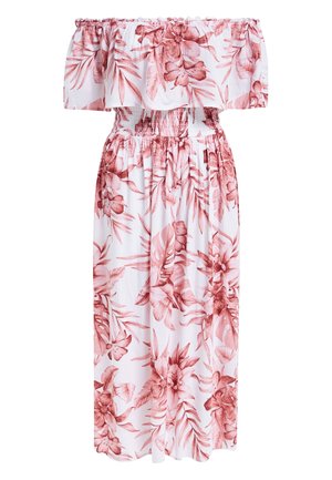Weißes Off-Shoulder-Kleid mit rotem Blumen- und Blattmuster, elastischer Taille und geraffter oberer Lage für einen luftigen Sommerstil.