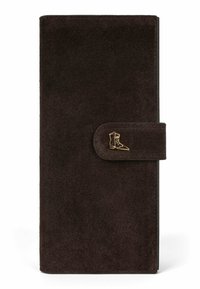 Donkerbruine suède portemonnee met een rechthoekige vorm, voorzien van een gouden laarsaccent op de sluiting en een gladde zwarte binnenvoering.