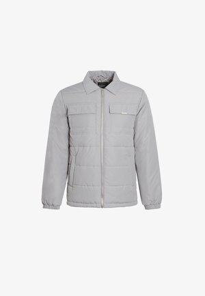 Light gray, zip-up jacket with a collar, two chest pockets, elastic cuffs, quilted texture, and silver hardware.