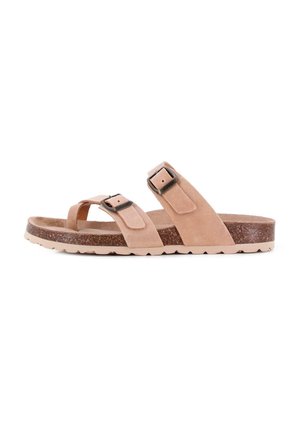 Sandalias de ante color marrón con dos correas ajustables, hebillas de metal y suela envuelta en corcho. Suela texturizada para un mejor agarre y comodidad.
