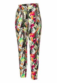 Farverige, blomstermønstrede bukser med løs pasform, der har en elastisk talje og snor, lavet af et let materiale.