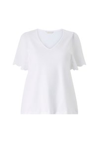 T-shirt bianco a maniche corte con scollo a V e bordi ondulati, caratterizzato da dettagli traforati sulle maniche, realizzato in un tessuto morbido e leggero.