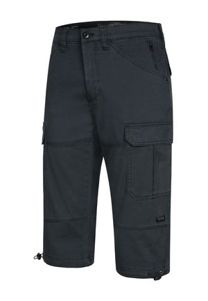 Pantalones cortos cargo de color gris oscuro, fabricados con tejido duradero, que cuentan con múltiples bolsillos, un bolsillo con cremallera y cuerdas ajustables en el dobladillo.