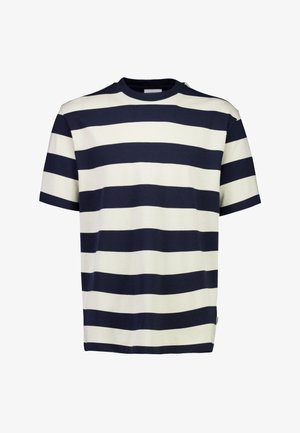 T-shirt met korte mouwen en ronde hals in marineblauw en gebroken wit, gemaakt van katoen, met opvallende horizontale strepen van gelijke breedte.
