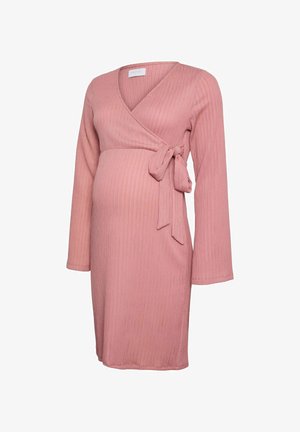 Roosa ribakujuline raseduskleit pikade varrukate, V-dekoltee, mähisdisaini ja vöödetailiga. Pehme kangas tekstureeritud pinnaga.