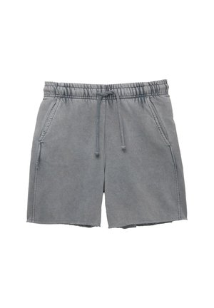 Pantaloni corti in cotone grigio con vita elastica, chiusura con cordino, due tasche laterali e orlo pulito.