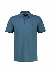 Polo shirt in teal blue, made of soft fabric, featuring a three-button placket, short sleeves, and a small black logo on the chest.