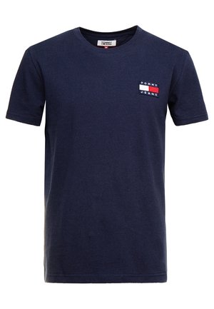 Navy blue short-sleeve crew neck T-shirt with small Tommy Jeans logo patch on the left chest.