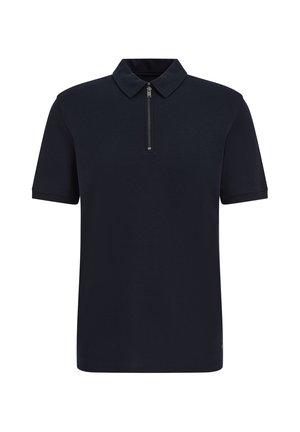 Tengerészkék rövid ujjú pólóing puha anyagból, cipzáras záródással és klasszikus gallérral. Simas textúra, minta nélkül.