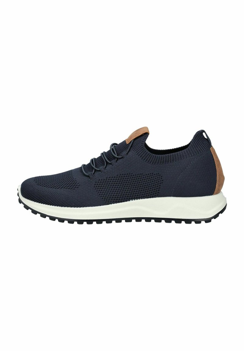 Dark navy knit sneakers with breathable upper, textured detailing, light tan accent at heel, white midsole, and black rubber outsole.