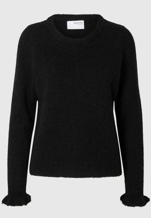 Musthave musta pikade varrukatega kampsun, mis on valmistatud pehmest ja karvase materjalist. Omab ümmargust kaelust ja volangpitsiga mansette, mis lisavad detaili.