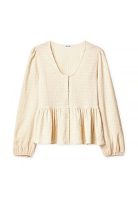Cream peplum blouse with a scoop neckline, long puff sleeves, and button front. Textured fabric with a soft, crinkled finish.