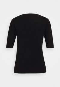 Top scurt negru cu mânecă scurtă și decolteu rotund, realizat dintr-un material neted și elastic. Prezintă un design simplu cu o siluetă ajustată.