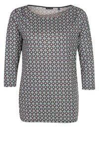 Top a maniche lunghe realizzato in tessuto morbido, con un motivo geometrico in nero, bianco e teal. Scollatura a barca e vestibilità comoda.