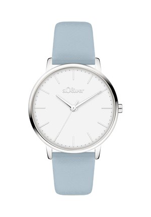 Silberne Uhr mit weißem Zifferblatt, minimalistischem Design und grauen Stundenmarkierungen. Sie verfügt über ein hellblaues Lederarmband und schlichte silberne Akzente.