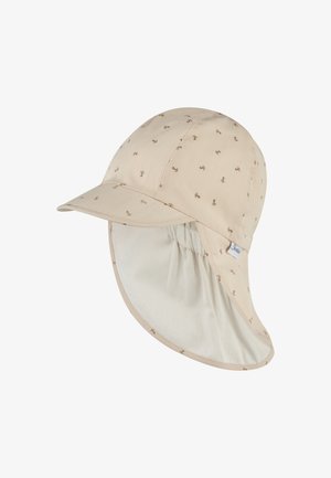 Beige fabric sun hat with small anchor pattern, a curved brim, and a neck flap for extended sun protection.