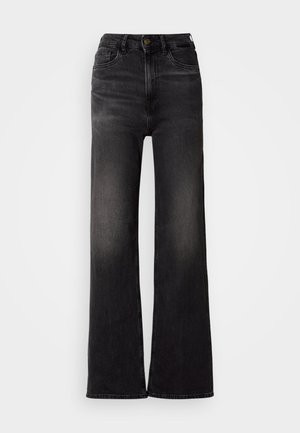 Svarta byxor med vida ben i denim, med fem fickor, framknäppning och en urblekt finish för kontrast.