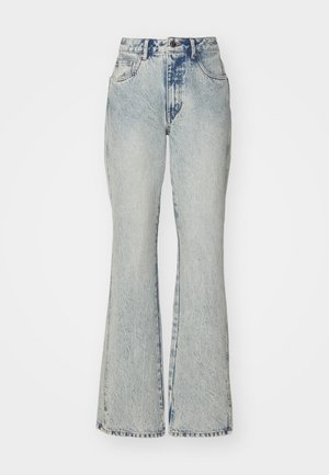 Blugi evazați de culoare albastru deschis, fabricați din denim, cu o spălare uzată, cinci buzunare și o închidere clasică cu buton la talie.