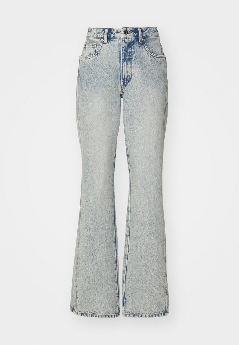 Light blue flared jeans made from denim, featuring a faded wash, five pockets, and a classic button closure at the waistband.