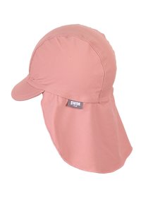 Pink swim hat made of soft fabric features a front visor and a long neck flap for sun protection. Includes a small "SWIM" tag detail.